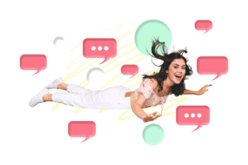 Unusual creative collage banner of millennial lady appear in virtual reality by using chatting application high tech concept