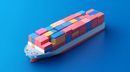 Colorful container ship on blue background, large cargo vessel filled with containers, maritime transportation theme.