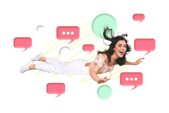 Unusual creative collage banner of millennial lady appear in virtual reality by using chatting application high tech concept