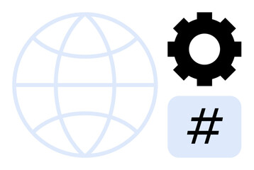 Globe grid symbolizing connectivity, a gear indicating technology, and a metadata tag for social media. Ideal for teamwork, tech innovation, global reach, communication, digital solutions, creative