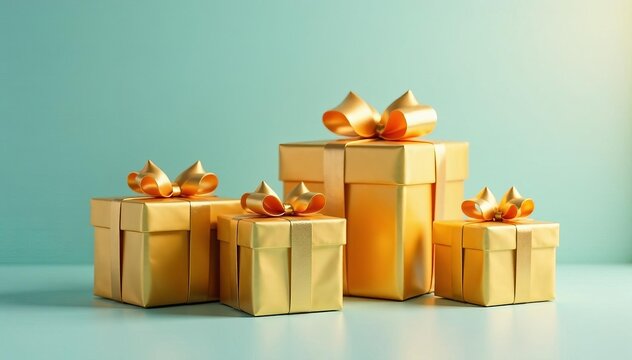 Group of golden gift boxes with ribbons and bows isolated on clear backdrop, exclusive, special occasion, reward