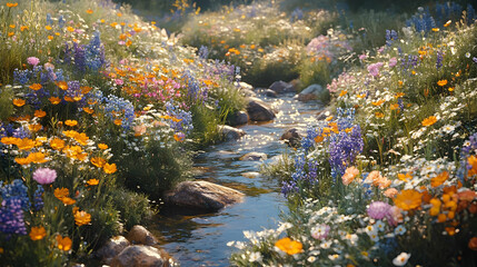 Colorful Flowers and a Stream in a Meadow 3D Illustration