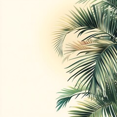 Tropical palm leaves frame a soft beige background.