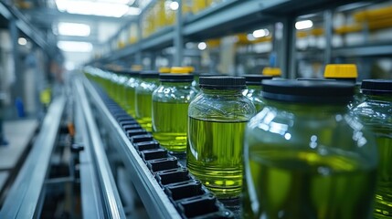 Bottles of green liquid on a conveyor belt in a factory setting with industrial background