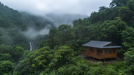Secluded rental near waterfall, mist rising in lush forest, creating serene atmosphere