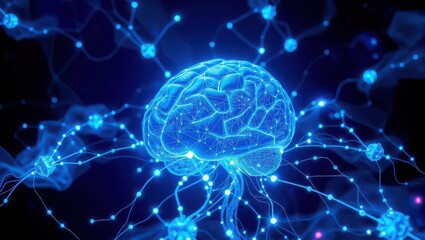 Illuminated blue brain with glowing connections representing neural network activity and intelligence