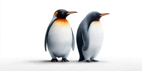 Obraz premium Two penguins standing side by side on a white background, showcasing their distinct black, white, and orange coloring.