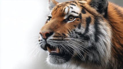 Naklejka premium A majestic tiger with sharp teeth and intense eyes gazes alertly to the side, displaying its striking orange and black striped fur.
