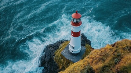 A classic white and red striped lighthouse standing at the edge of a cliff, overlooking the ocean as waves crash below. 
