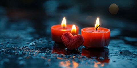 Elegant red candles and a heart shaped decoration set a romantic mood in a dimly lit atmosphere