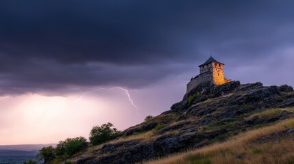 Obraz premium Majestic castle on a rocky hill illuminated by lightning under a stormy sky at dusk