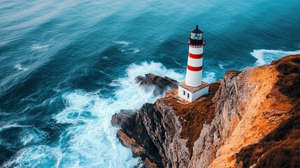 A classic white and red striped lighthouse standing at the edge of a cliff, overlooking the ocean as waves crash below. 
