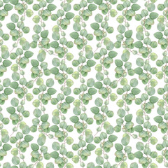Delicate eucalyptus branches seamless watercolor pattern isolated background. Hand painted plant in pastel mint green color for textile design, wallpaper, wedding invitations, spa branding