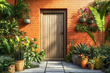 Naklejka premium Exterior terracotta wall entryway with lush foliage.