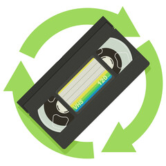 VHS videotape with a green circular symbol of three recycling arrows in a flat design style (cut out)