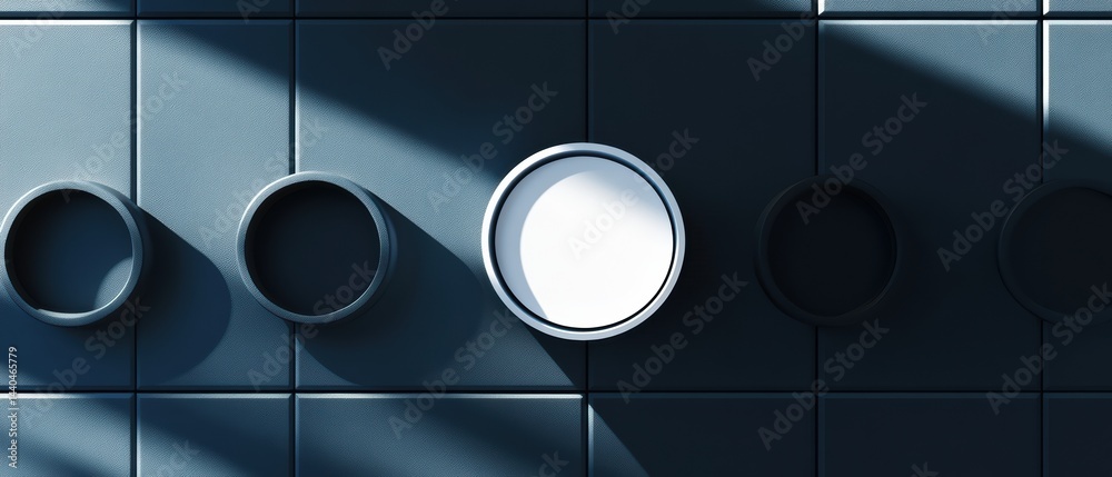 Wall mural contrasting white circle on blue tiled wall with dark recessed circles, creating a modern abstract p