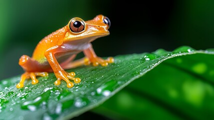 Obraz premium Frog on Leaf Macro Photography with Water Droplets