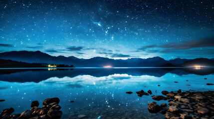 A serene night scene with a calm lake reflecting the starry sky and mountains in the distance.
