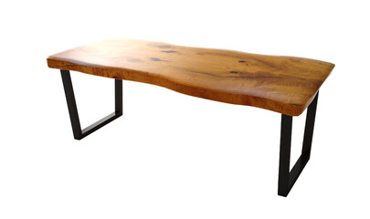 Wooden lacquered table with black metal legs on isolated. Modern live edge elm slab coffee table with inner knot in bizarre pattern shape and tree table.	