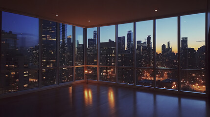 Fototapeta premium sleek city rental apartment with glass walls showcasing stunning night skyline
