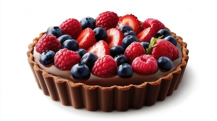 silky filling, topped with a beautiful arrangement of mixed berries such as strawberries, blueberries, and raspberries, adding vibrant color to the dessert