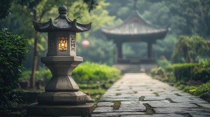 carved stone lantern in Chinese temple style, resting near a traditional pagoda, illuminating the temple stone pathways with a calming glow
