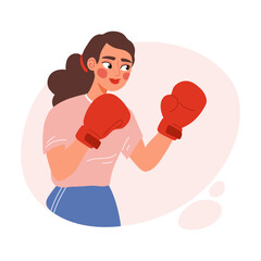 Young lady in boxing gloves ready for training. Flat vector illustration