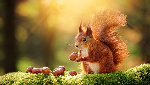 "Animal wildlife background -  Sweet cute red squirrel ( sciurus vulgaris ) sitting in forest, with hazelnut in the natural environment on a sunny autumn morning"