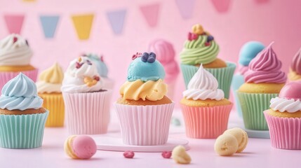 arrangement of colorful cupcakes paired with vibrant ice cream cups, creating a playful and sweet dessert scene