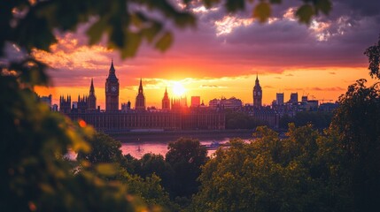 Fototapeta premium Stunning sunset over London skyline with historic buildings and Big Ben. Beauty of nature and city life comes alive in this moment.