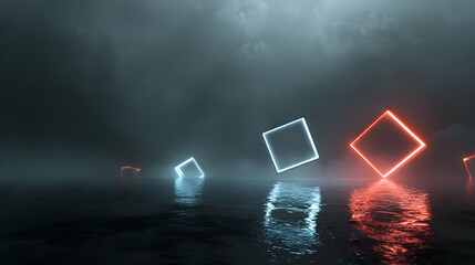 Glowing geometric shapes cast a surreal glow upon a misty water surface adding depth and intrigue