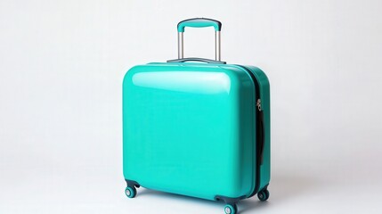 This minimalist turquoise suitcase stands out brilliantly against the clean white background, highlighting its bold and modern design.