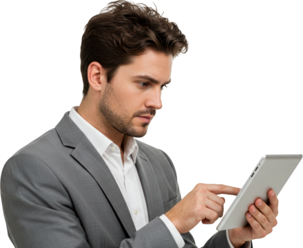 Focused Businessman Engaging with a Tablet Device