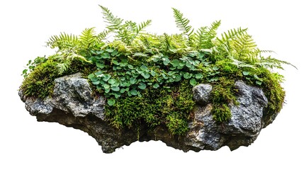 Fototapeta premium Moss-covered rock with ferns and other foliage.