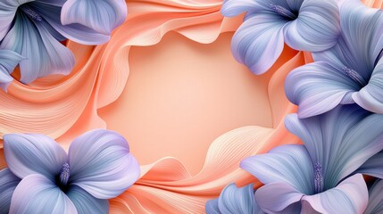 Obraz premium Beautiful pastel peach and lavender flowers with soft flowing fabric creating a gentle frame around the blank space for design or text