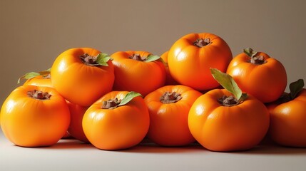 persimmons arranged in a pile, their smooth, round shapes and orange tones glowing against a minimalist background