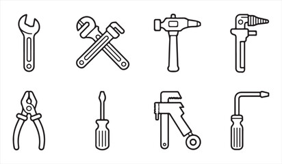Set of various hand tools including wrenches, hammer, pliers, screwdriver, and pipe wrench. Simple black line icons on white background representing essential tools for construction and repairs.