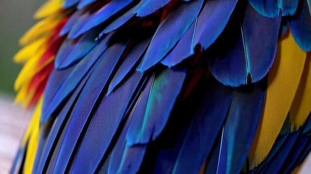 Closeup of vibrant parrot feathers displaying colorful texture and patterns