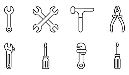 Icons of hand tools for mechanics, including wrench, screwdriver, hammer, and pliers.