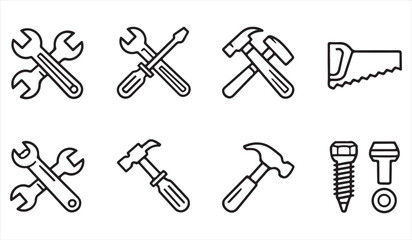 Simple line art of common hand tools: pliers, wrench, hammer, screwdriver.