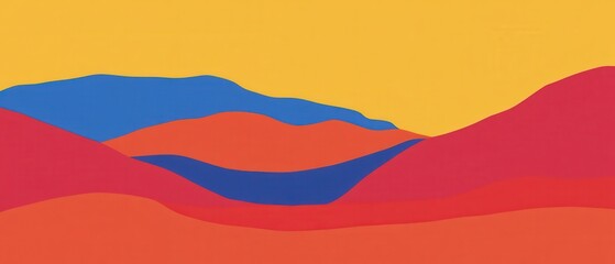 Abstract landscape illustration with colorful hills and yellow sky Concept of nature, background, and design