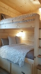Cozy Wooden Bunk Bed with Gray and White Bedding in Rustic Cabin