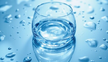 Refreshing image, closeup of water glass with condensation on vibrant blue background