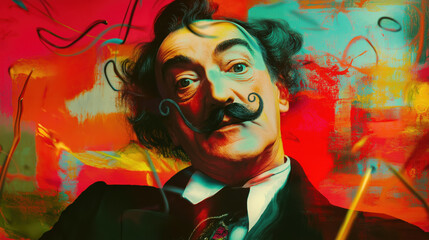 Surreal portrait of man with curled mustache in vibrant melting dream world