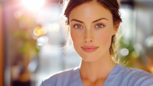 Editorial portrait of a caring nurse in a well-lit hospital environment, symbolizing trust and expertise in modern medicine. Authentic representation.