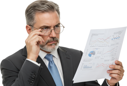 Focused businessman with glasses analyzing detailed financial charts and graphs