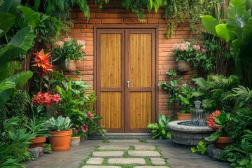 Naklejka premium Lush garden surrounds a terracotta brick exterior door.