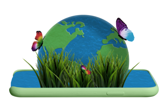Creative abstract 3d artwork collage photo of butterflies on green clear planet earth in smartphone case isolated painted background