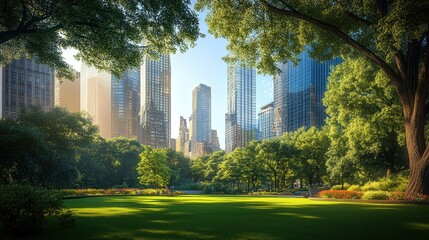 park on a sunny summer morning, radiates tranquility amidst the towering steel and glass of surrounding skyscrapers.