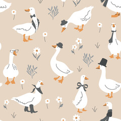 Cute dressed geese seamless pattern. Goose in a hat, tie, scarf, glasses. Funny vector background illustration.